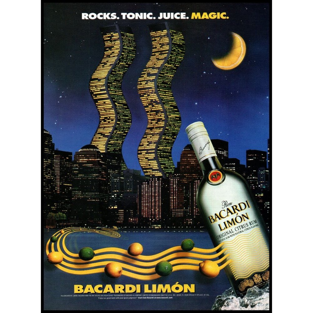 1998 Bacardi Limon Rum Vintage Print Ad NYC World Trace Center Skyline Wall Art